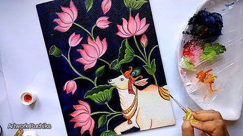 Easy Holy Cow and Lotus Painting / Cow Pichwai Art Painting / Traditional Paintings