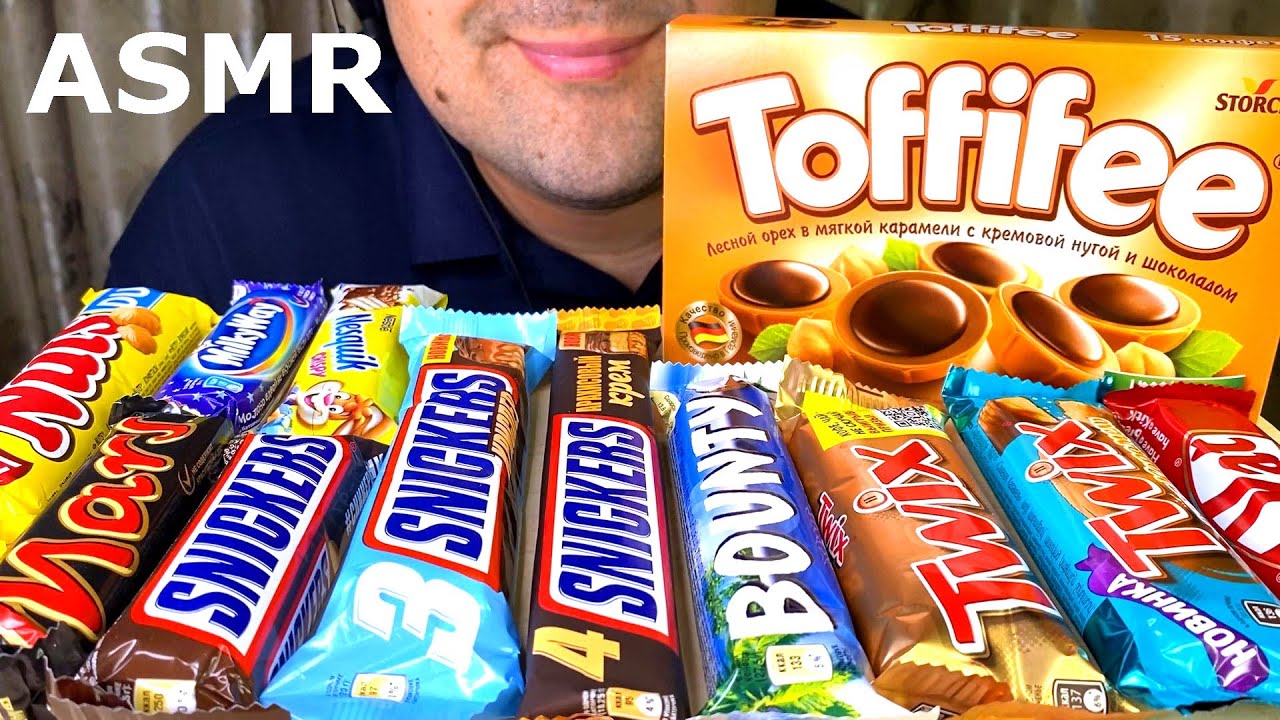 АСМР Очень много шоколада Мукбанг (Сникерс, киткат, твикс, баунти, натс, марс, несквик, милки вэй)