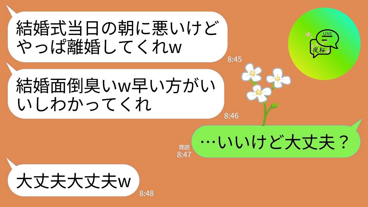 【LINE】結婚式当日の朝に夫から離婚要求がきた…。夫「ごめん、やっぱ結婚したくないw早い方がいいし今離婚してくれ」→私「わかった」→お望み通り提出すると夫は泣き叫び…w