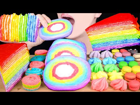 ASMR RAINBOW DESSERTS CREPE CAKE COTTON CANDY MACARON MUKBANG 咀嚼音 モッパン 綿菓子 ケーキ ゼリー デザートEATING SOUNDS