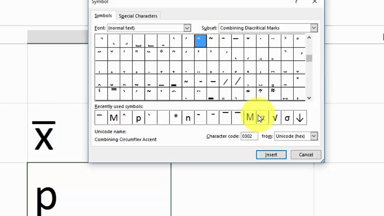 How To Type X Bar P Hat In Excel Word For Statistics Windows Mac Youtube