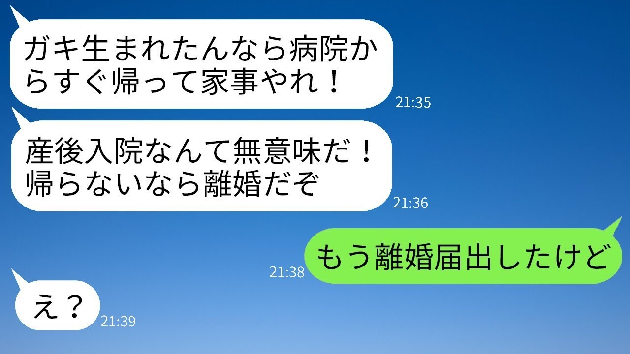 難産で疲れ果て、産後入院中の私に夫が「今すぐ退院して家事をしろ！」と迫り、「帰ってこないなら離婚だ！」と言われたため、呆れた私は退院後すぐに離婚届を提出した。