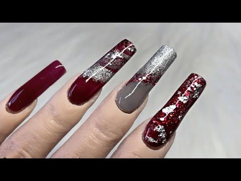 Maroon Gel Nails With Glitter - Temu