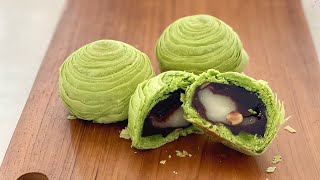 Green Tea Flaky Mooncake  | Green Tea Spiral Mooncake | 绿茶千层酥 | 螺旋豆沙麻糬月饼