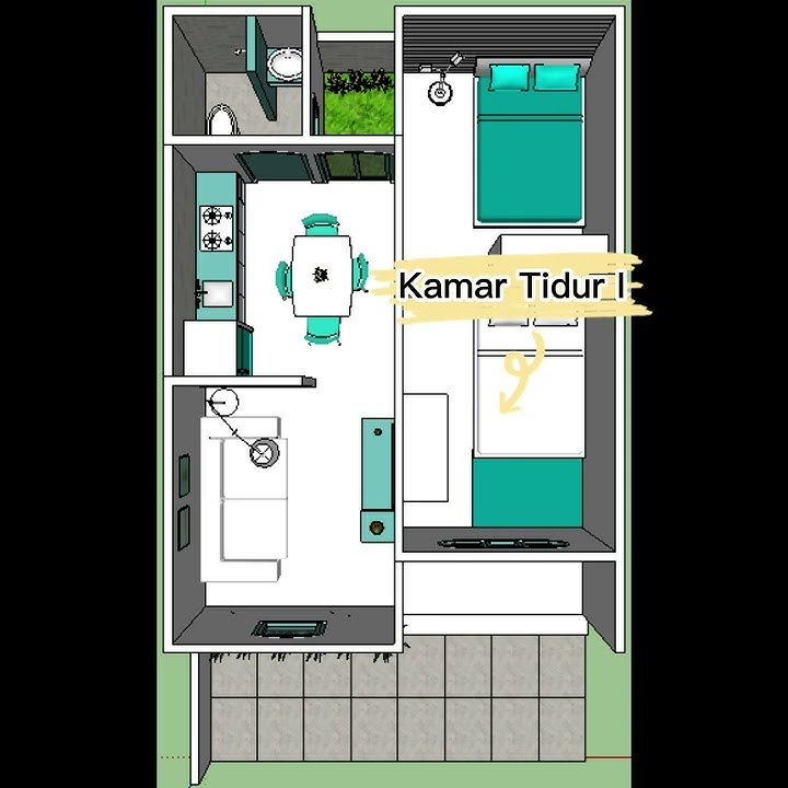Denah Rumah 1 Lantai Di Lahan 5×9 Meter| 2 Kamar Tidur