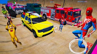 Homem-Aranha e Fire Truck Ambulance Police Cars! Desafio Obstacle Course Ramp com Heróis! GTA 5