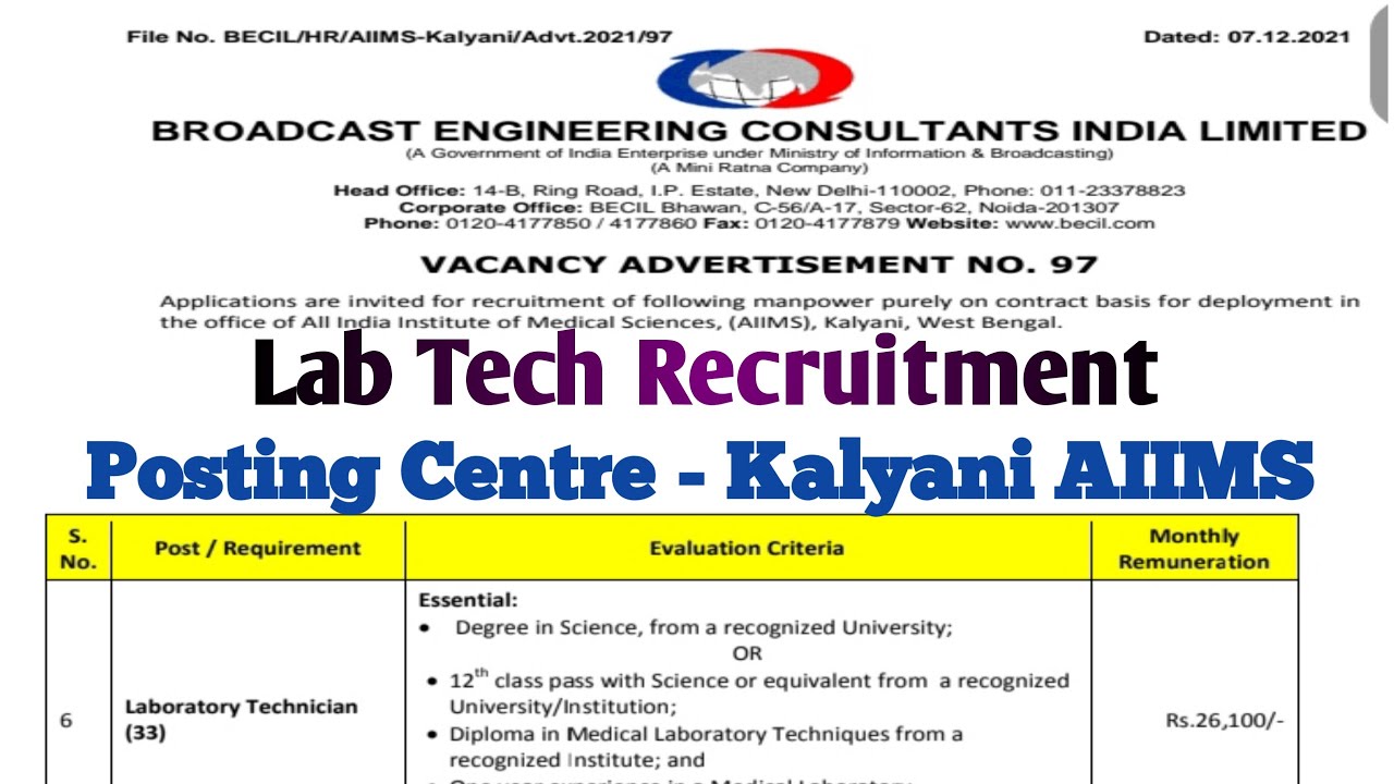 Lab technician recruitment 2021 // BECIL Recruitment 2021