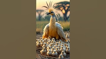 A Mother Secretary Bird and Her Chicks in the Golden Savannah #birds #bird #birdnest #babybird
