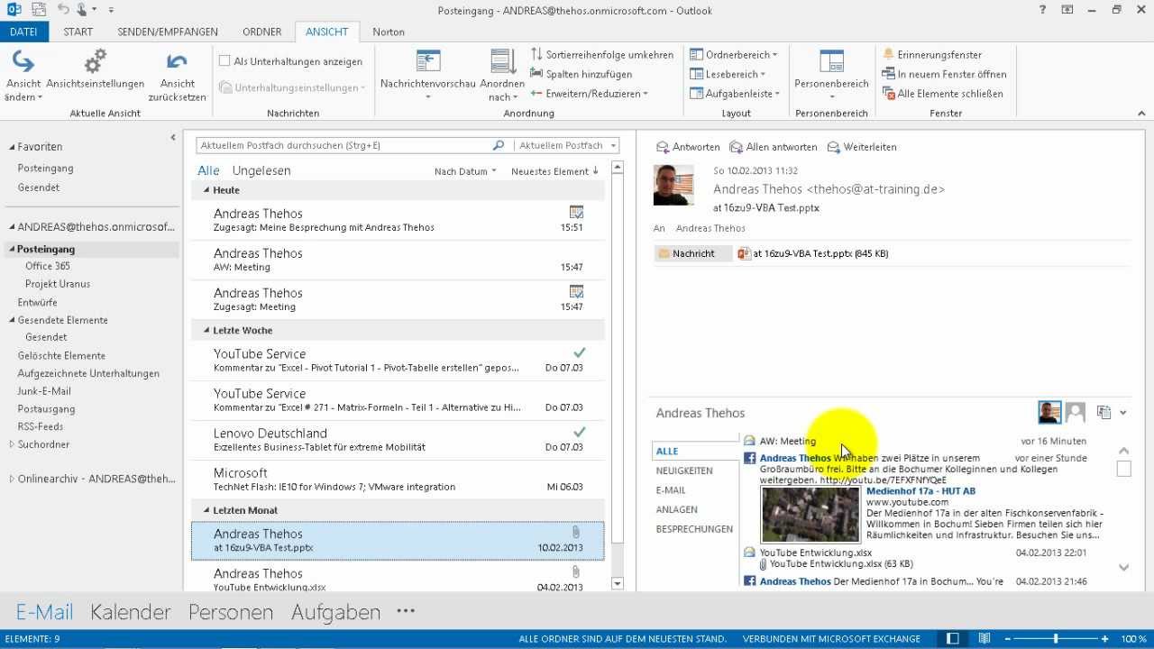 Outlook Personenbereich Infos aus Facebook YouTube