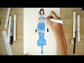 BASIC fashion illustration : Rendering a royal blue MACRAME DRESS from DAVID KOMA SS23 with markers