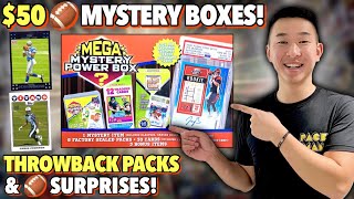 OPENING $50 FOOTBALL MEGA MYSTERY POWER BOXES! TONS OF THROWBACK PACKS &  SURPRISES!