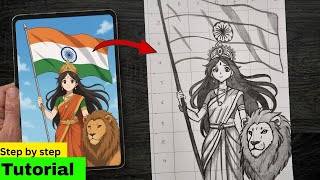 Easy Drawing of Bharat Mata Tutorial for Independence Day ❤️ | How to Draw Bharat Mata Anime style