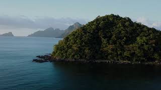 Beautiful Lush Island on the Ocean with Distant Hikers | Stock Drone Video of Islands | 4k 25fps
