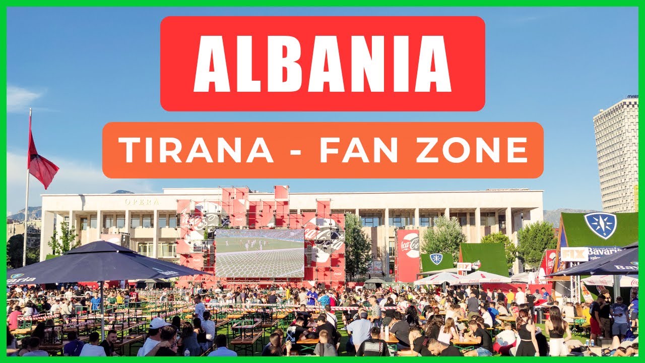 EURO 2020 fan zone in Tirana, ALBANIA. Opera, mosque and Iron Maiden
