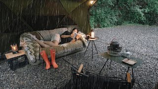 All day rain☔ Solo Camping with Big Shelter in Heavy Rain / Cosy Relax and Sleep / rain ASMR