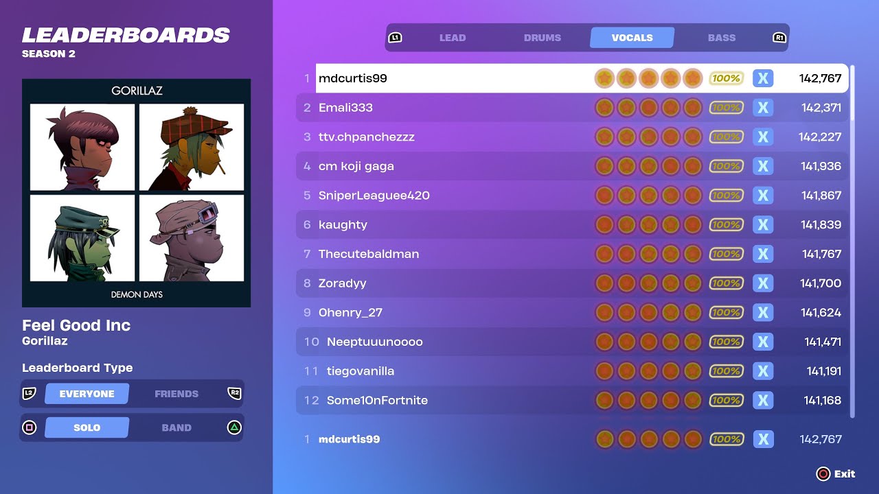 [Fortnite Festival S2] Feel Good Inc Expert Vocals 100% FC World Record All Perfects