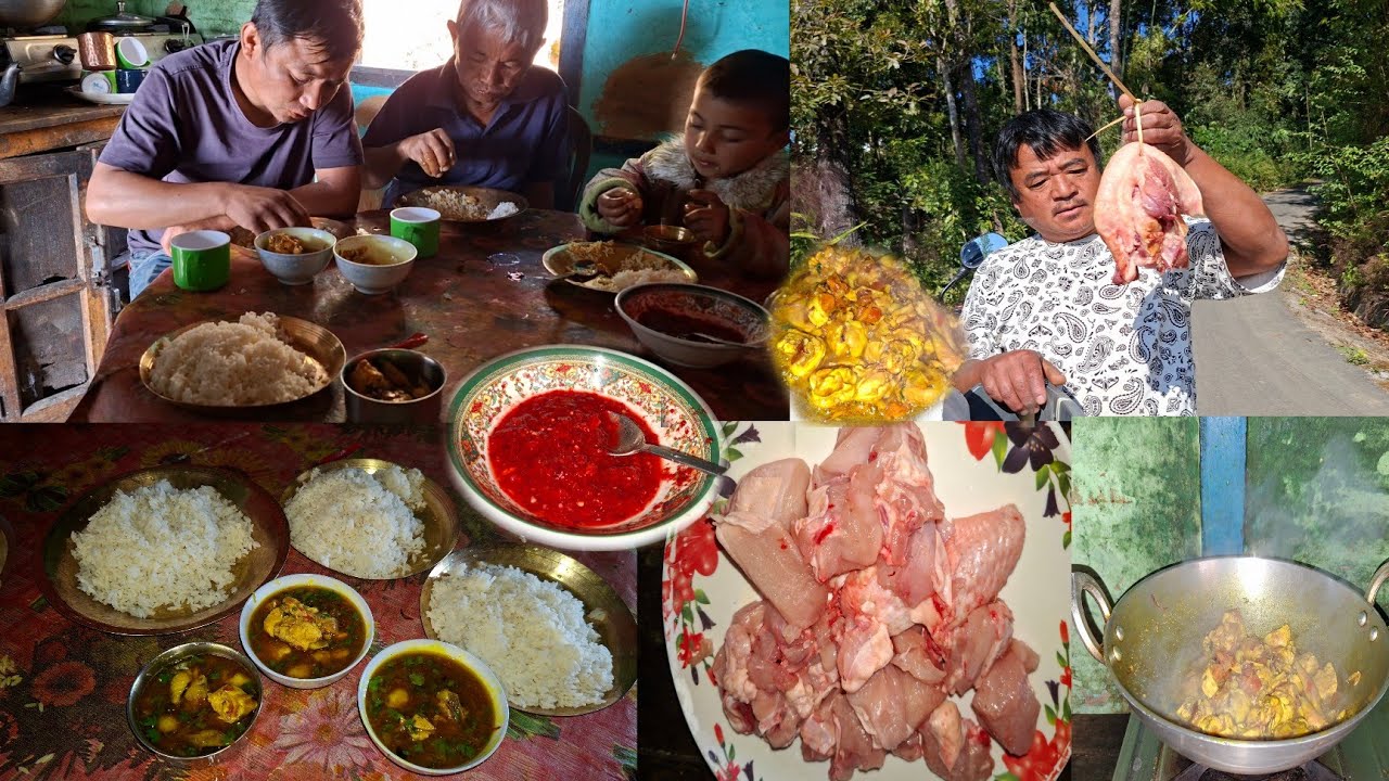 Chicken Gravy tree Tomato Achar Cooking & Eating With Rice Village Style || Village Life Vlog ||