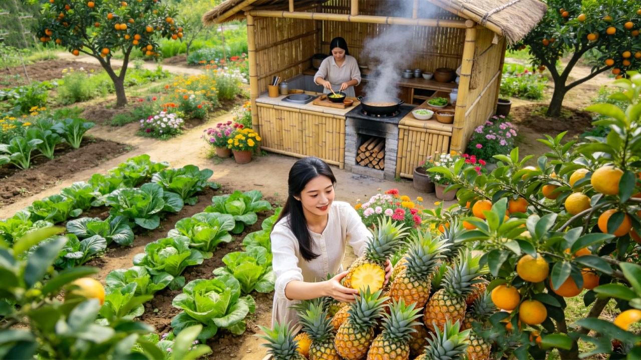 Country Life: Harvesting Fresh pineapples from a Small Garden & Cooking Traditional Homemade