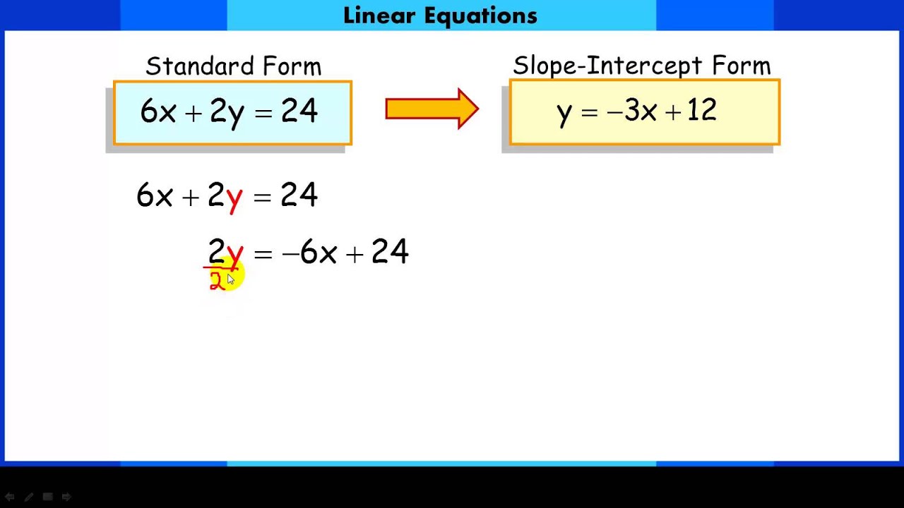 Convert a linear equation from standard form to slope-intercept