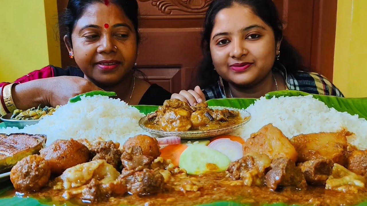 BIGBITES, EATING RICE WITH SPICY MUTTON CURRY🥵🔥, DESI CHICKEN, BEGUN VAJA, SALADS | EATING CHALLENGE