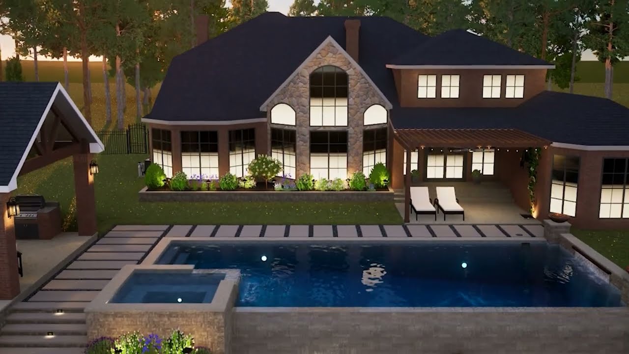 Luxury backyard design, swimming pool with waterfall  - Structure studios software