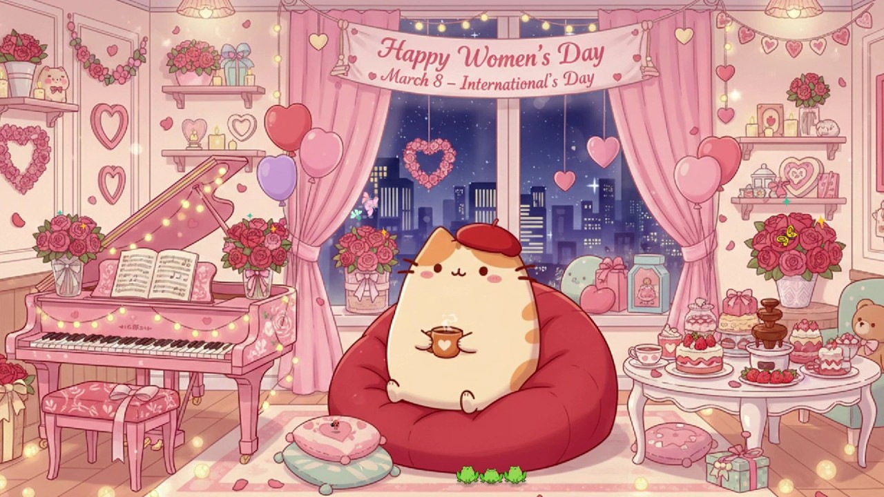 Sweet Pink Women’s Day Night 💗 Cozy Lofi Cat Celebration 🌸 Soft Chill Beats for Self-Love & Relax