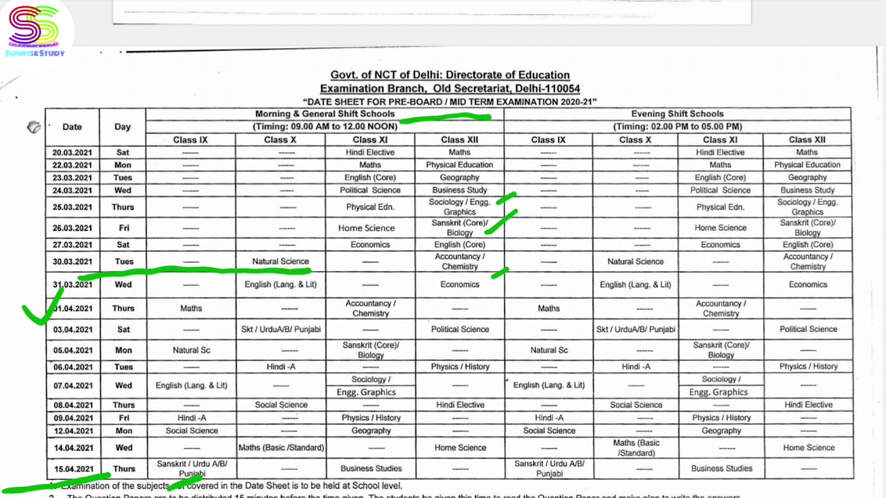 IMPORTANT NOTICE FOR EXAM pre - board / midterm exam ( Class 9 to 12 ) With Date sheet