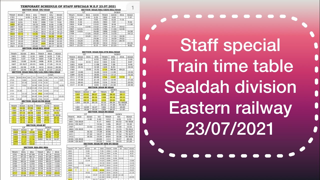 Staff special train eastern railway time table July 2021 Sealdah division