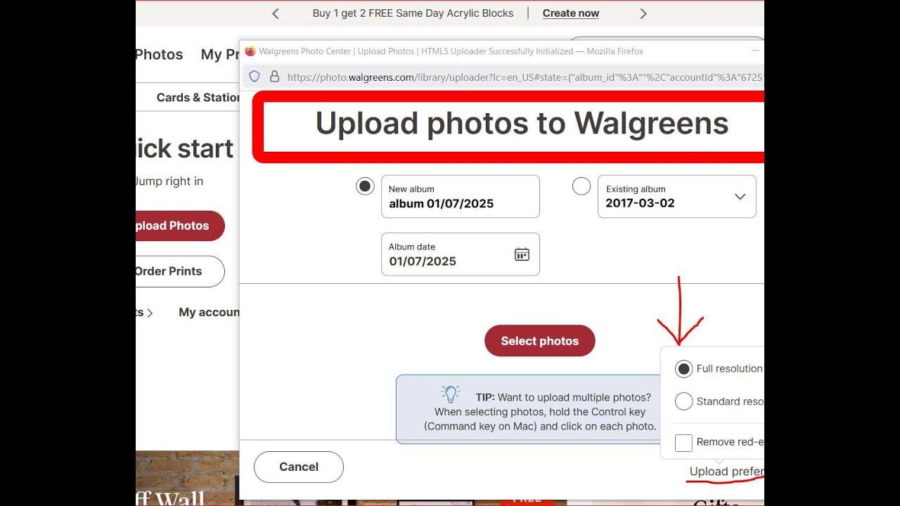 Walgreen's Photo Order How to upload Full Resolution as well as