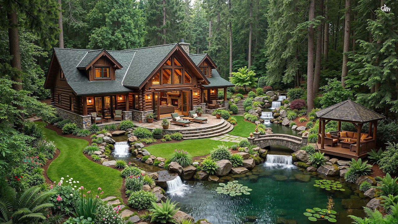 Уютная джазовая атмосфера в деревянном домике ☕ Водопад, лес и джаз, расслабляющие звуки природы