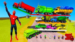 Colored Spiderman &amp; Super Heroes  Loading Big Wheels &amp; Long Trucks  Into A Giant Trailer