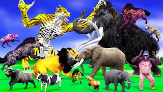 Giant Zombe Wolf vs 2 Zombie Tiger Lion Attack Baby Elephant Saved by 10 Woolly Mammoth Elephant