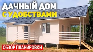 Проект каркасного дачного дома 6х11.5 с террасой и крыльцом: спальня, кухня гостиная, ванная