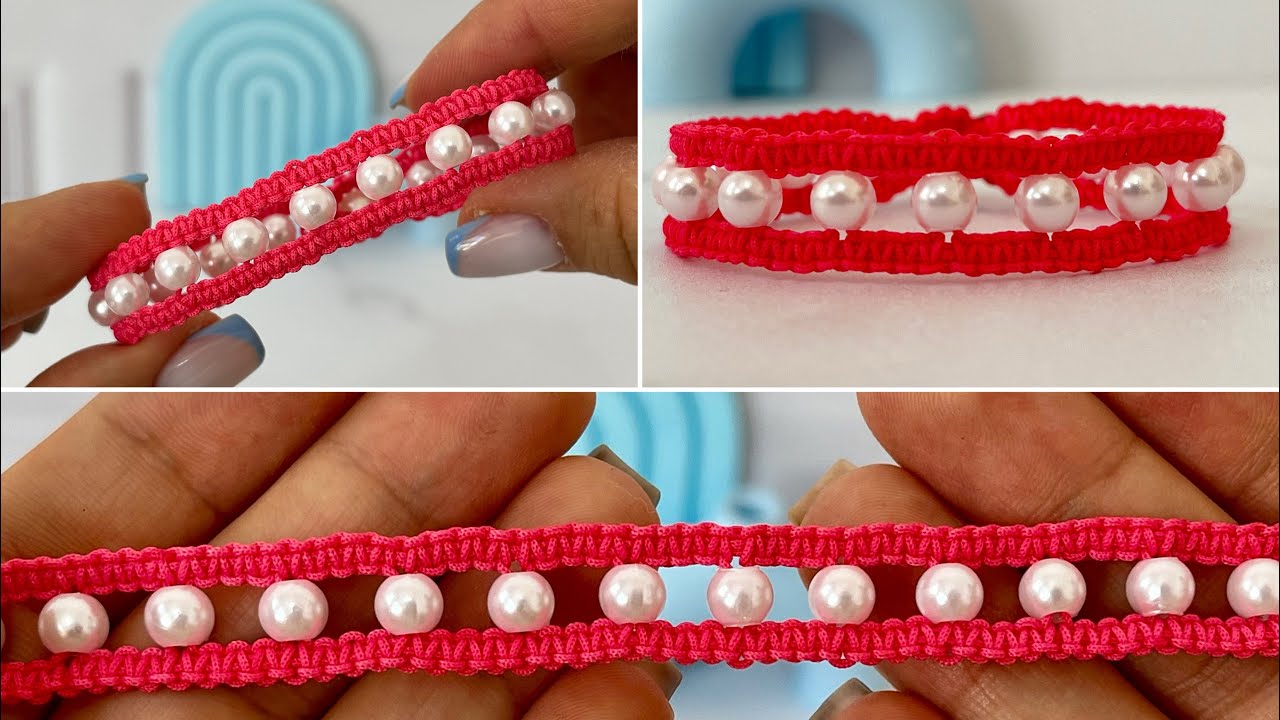 DIY Pink Macrame Bracelet | Square Knot Bracelet with White Pearl Beads ...