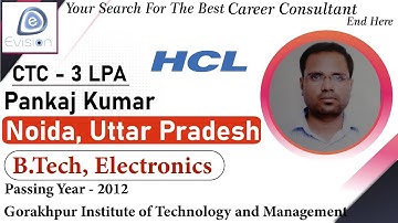 Congrats, Pankaj | Selected in HCL Technologies | 3 LPA | ELECTRONICS ENGINEER, Passing 2012 | Noida