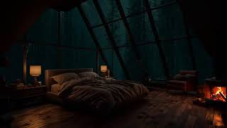 Rain echoing through the trees while a calm, isolated cabin rests in the darkness