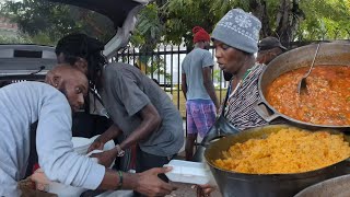 Pumpkin rice w bake bean salt fish | Kingston team feeding the homeless downtown