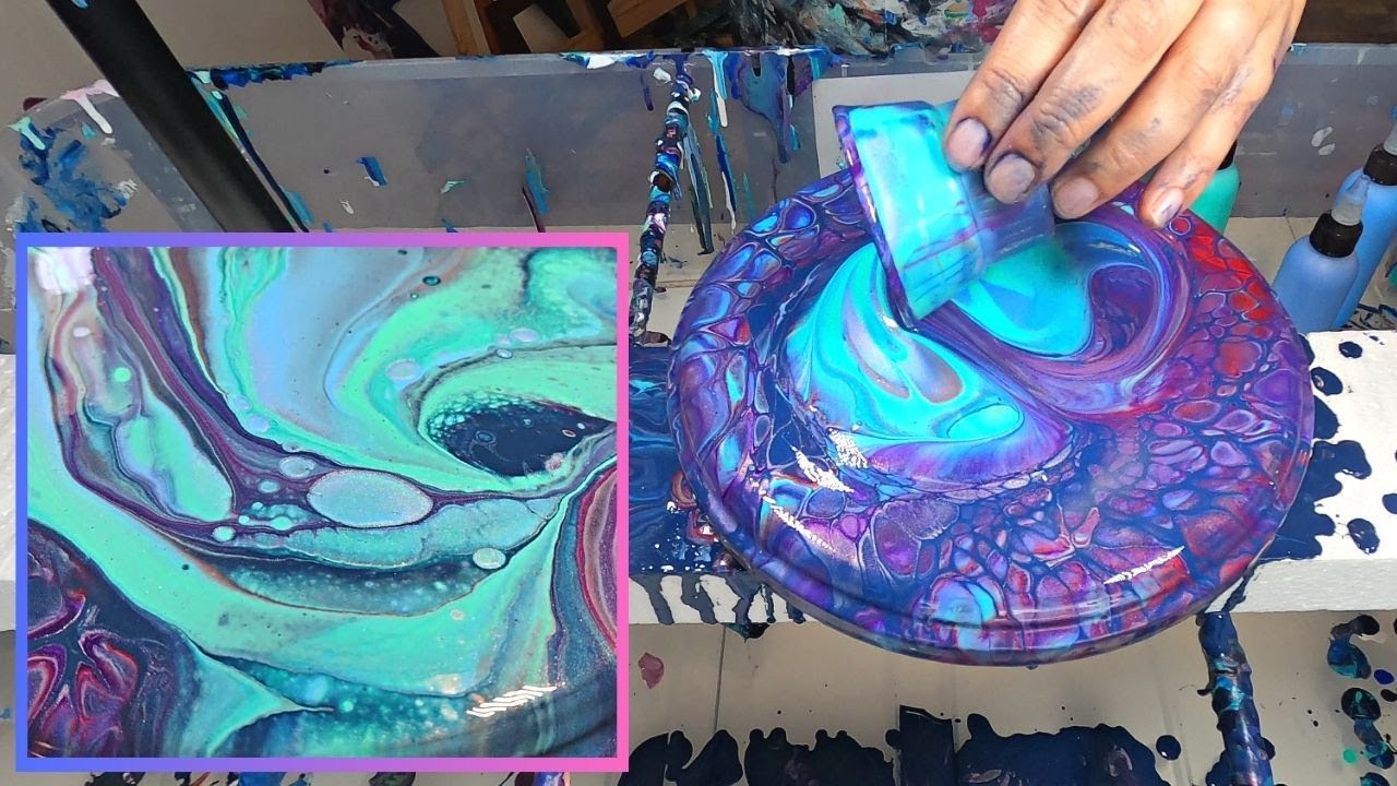 [28] Wrecked flip cup acrylic pour on wood round canvas Easy fluid