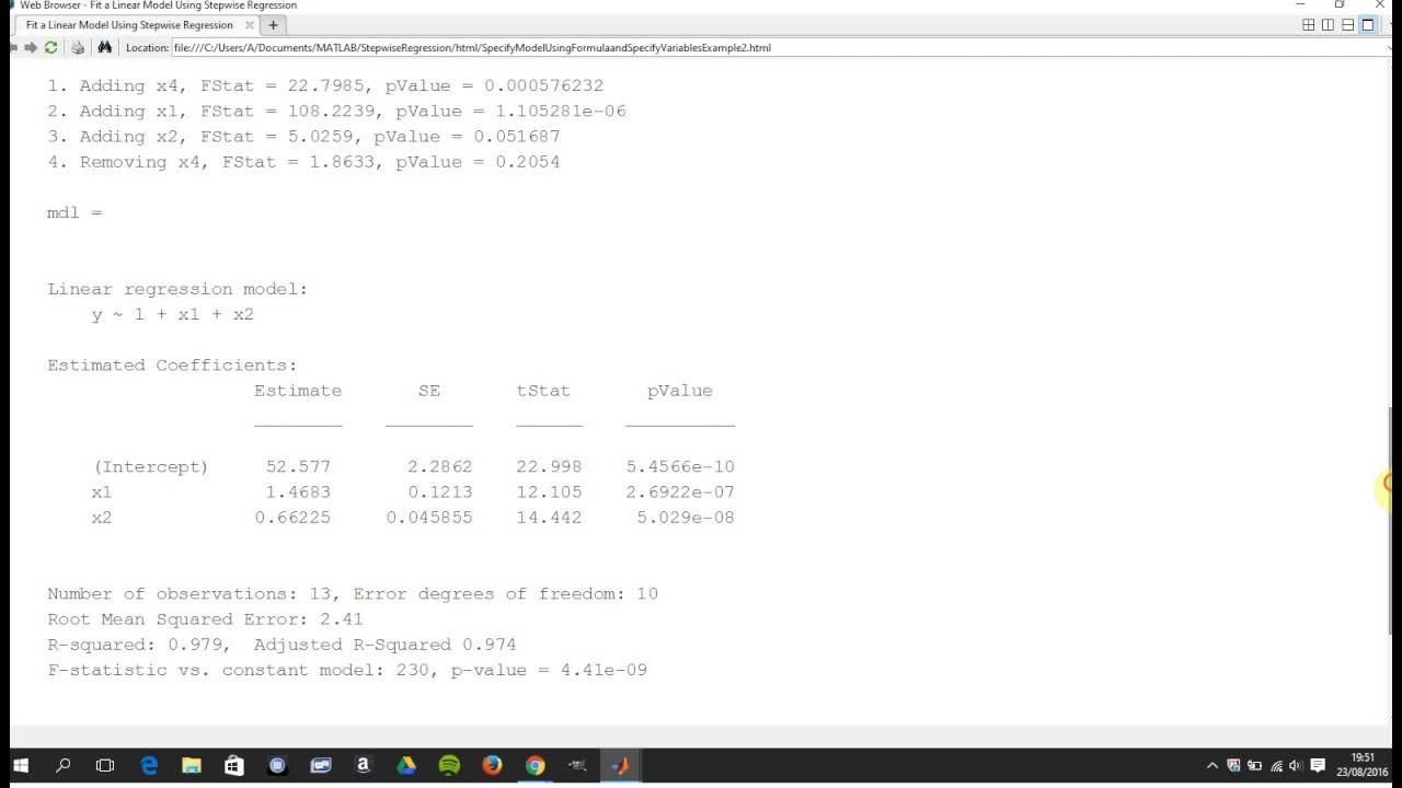 Stepwise forward and backward elimination regression in Matlab YouTube