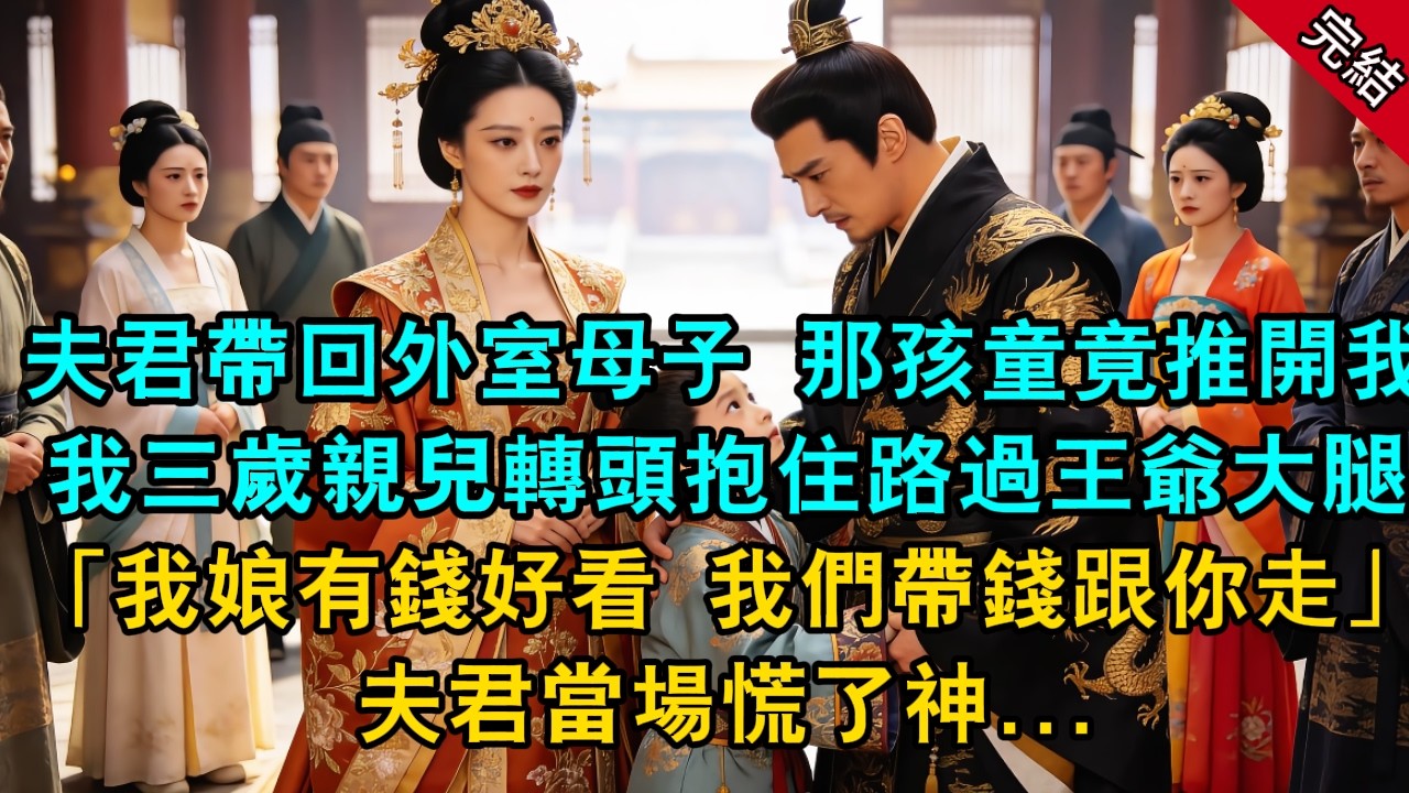 夫君帶回外室母子，指著我對那五歲孩童說：「以後這就是你嫡母。」誰知那外室子嫌棄地推開我，我那三歲的親兒卻抱住路過王爺的大腿：「爹，我娘有錢又好看，我們帶錢跟你走！」夫君當場慌了神...#古言 #小說