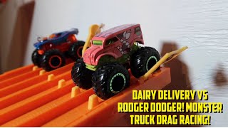 HOT WHEELS MONSTER TRUCK DRAG RACING! RODGER DODGER VS DAIRY DELIVERY TOURNAMENT - PART 2 OF 2!