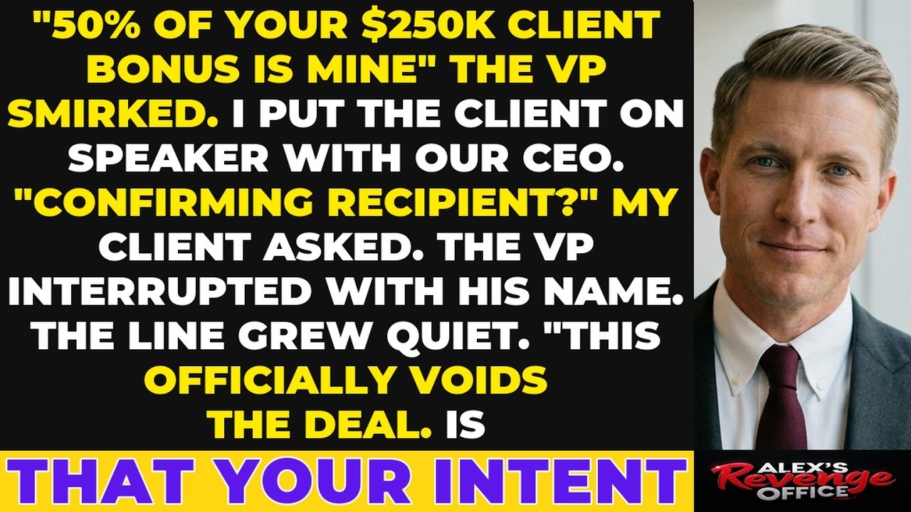 Bradley Cross leaned against my office doorframe and said, "Half of your $250,000 bonus is mine." He didn't ask. He just claimed it. For six months, I'd done all the work on this account, and now...