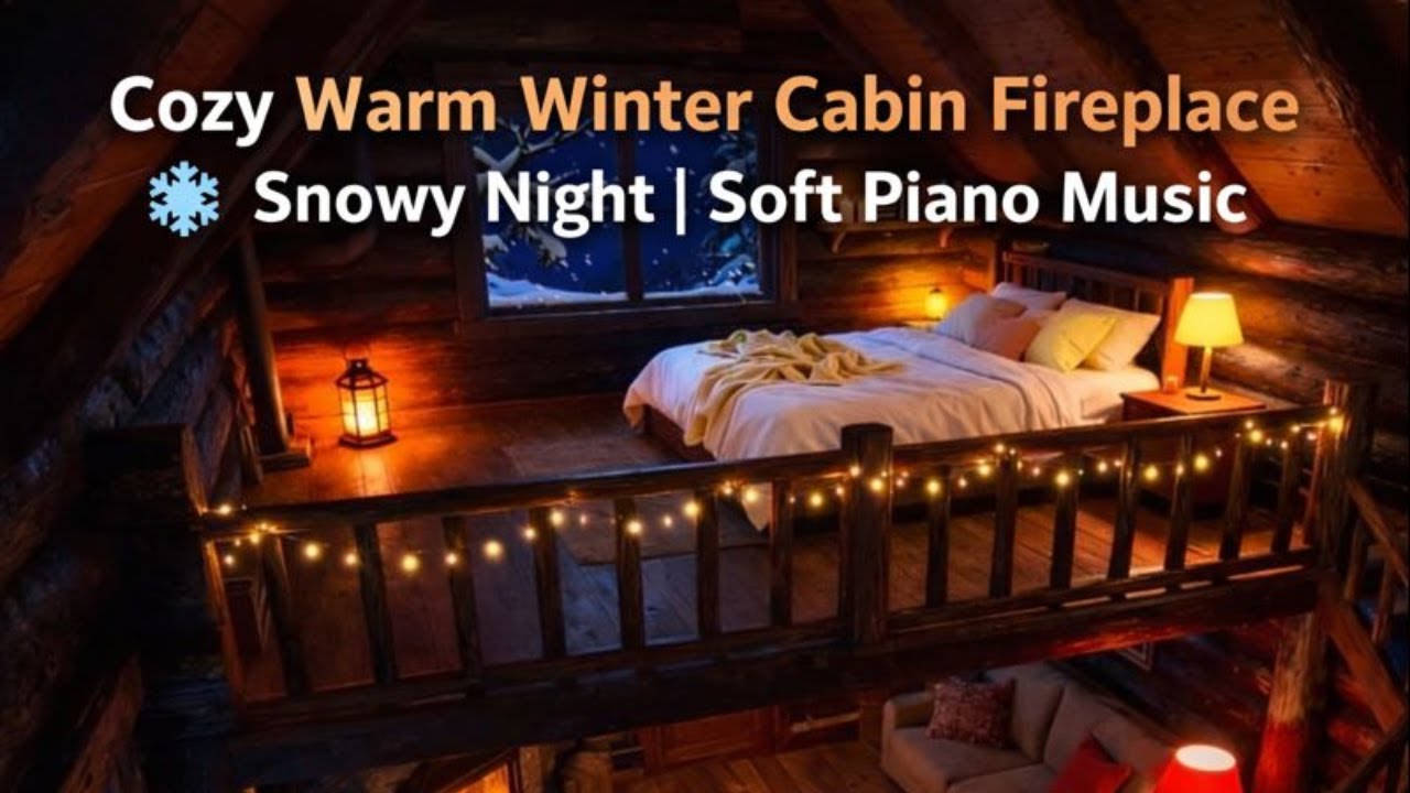 Cozy Warm Winter Cabin Fireplace ❄️ Snowy Night | Soft Piano Music LIVE