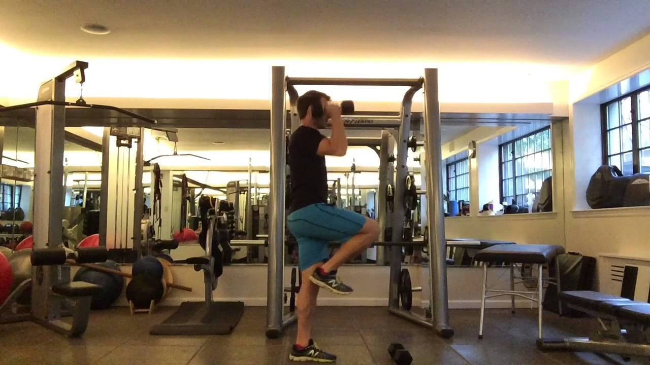 Reverse lunge, knee drive up with shoulder press - YouTube