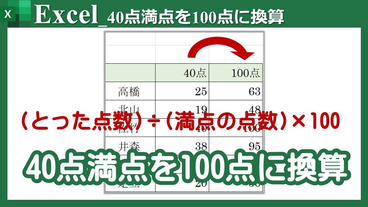 **合計22点に変更 40点満点を100点に換算する】Excel - YouTube
