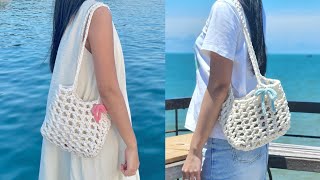 Crochet Net Bag 🤍 Cách móc túi lưới đeo vai bằng sợi vải đơn giản
