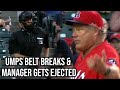 Umpire ejects manager while fixing his broken belt, a breakdown