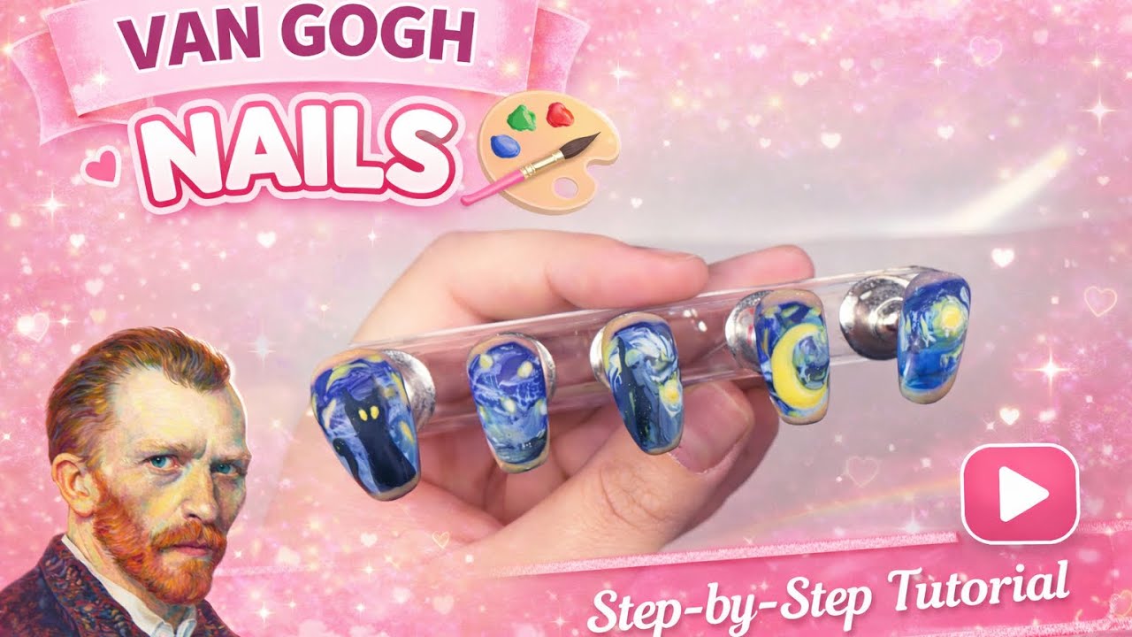 Watch Me Practice My Van Gogh Nail Art! 🎨🌸 | أجيو نديرو تصميم أظافر جل فان جوخ 🥰🌸