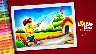 How to Draw Kite Flying Scenery Very Easy Step by Step / Easy Kite Flying Drawing with Oil Pastel