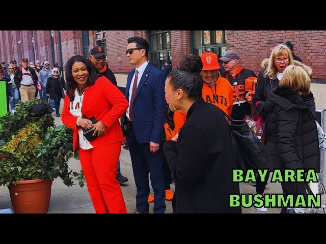 Bushman prank on SF MAYOR, Tamera Mowry + Fans at San Francisco Giants Home Opener at Oracle Park! class=